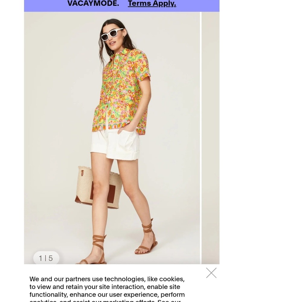 Solid & Striped Floral Print Button Up Short Sleeve Shirt Yellow Pink XS